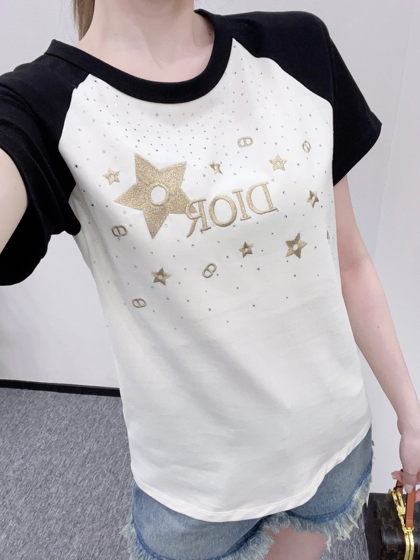 D*♥2025 new product Raglan embroidery rhinestone round neck