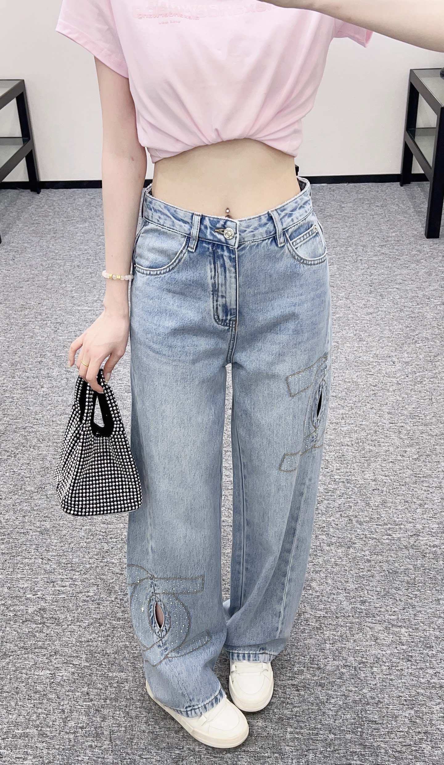 C*♥2025 new products Diamond-studded denim trousers