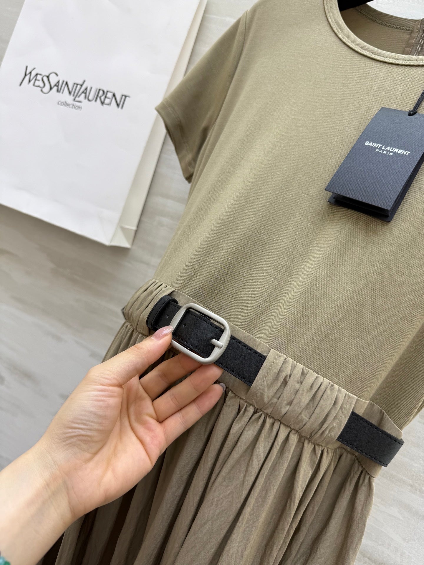 y*♥2025 new style waist belt waist long short sleeve dress