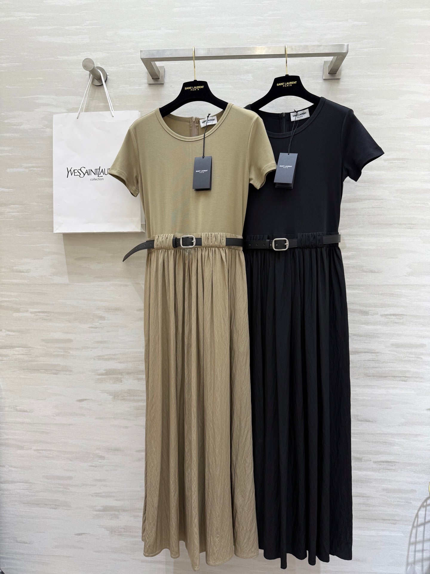 y*♥2025 new style waist belt waist long short sleeve dress