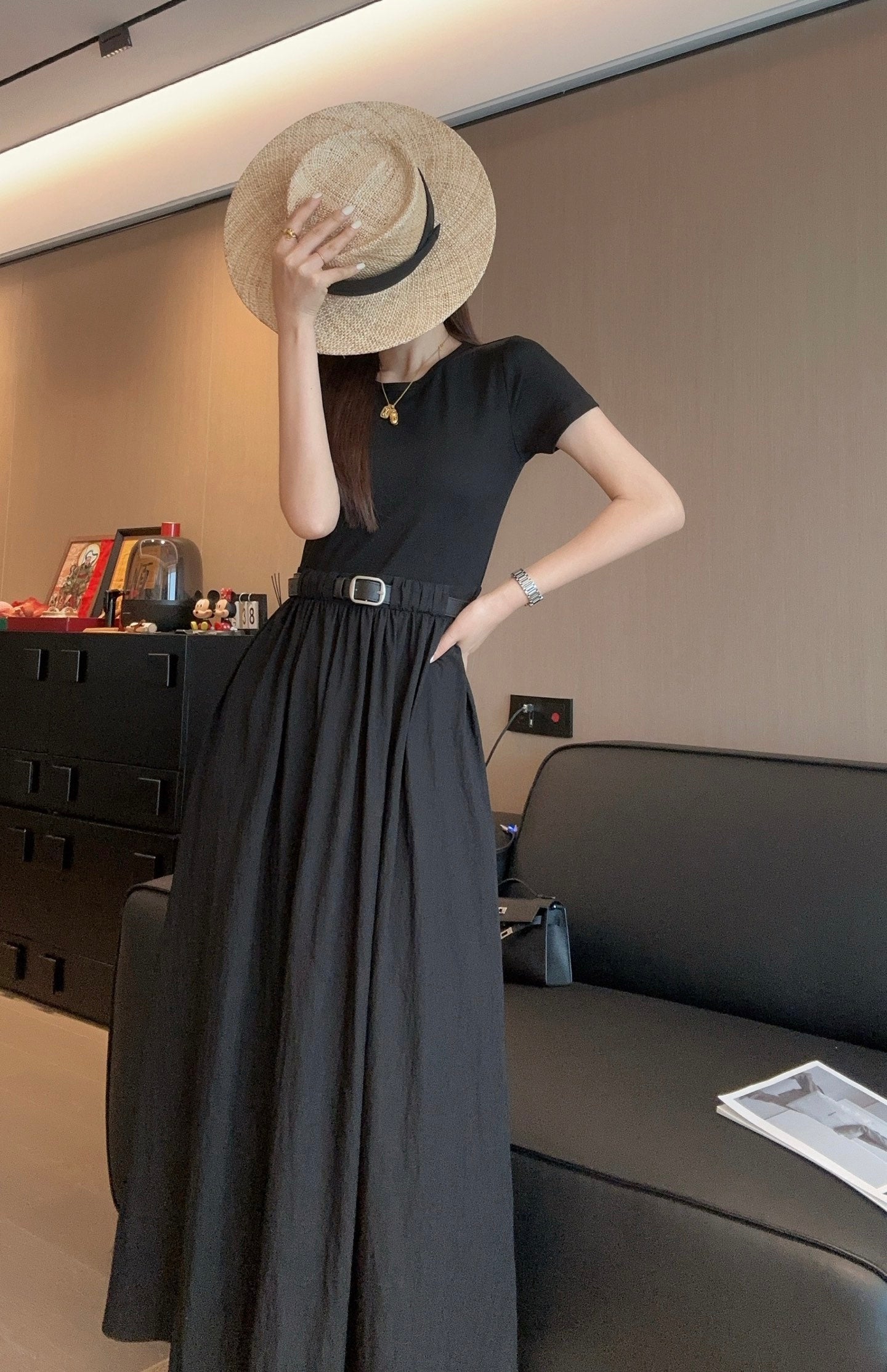y*♥2025 new style waist belt waist long short sleeve dress
