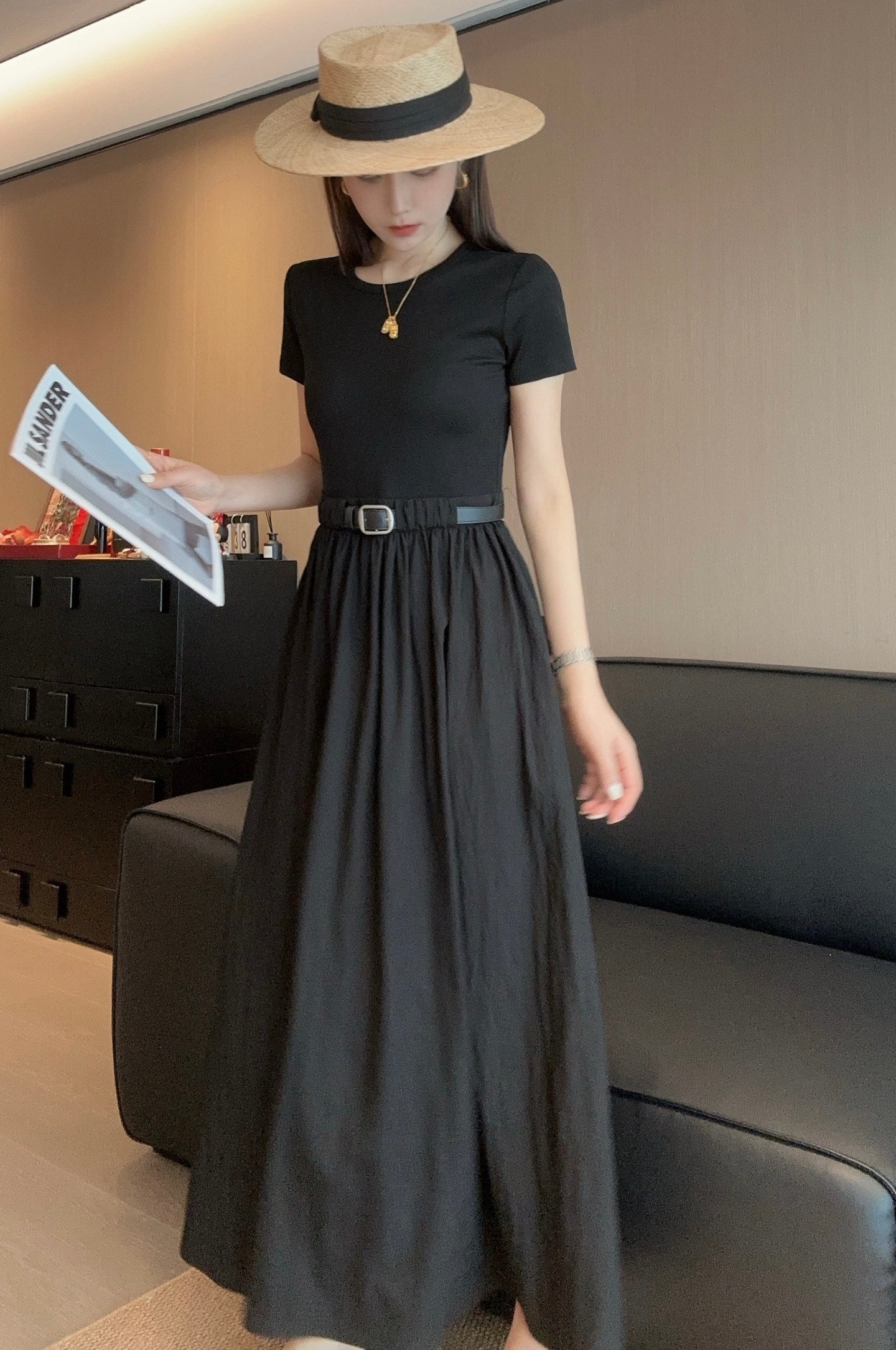 y*♥2025 new style waist belt waist long short sleeve dress
