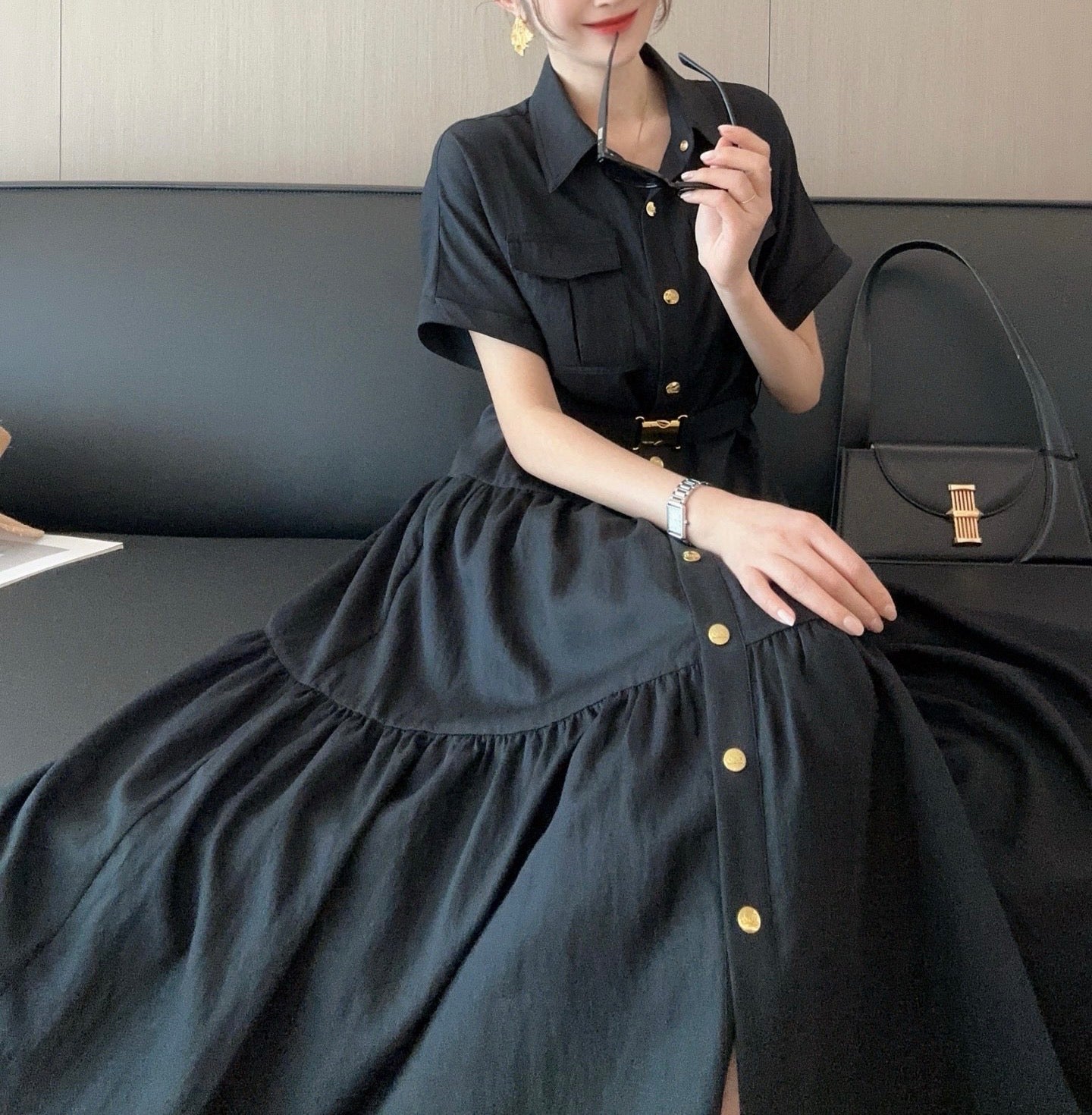 C*♥2025 new gold button lapel waisted dress