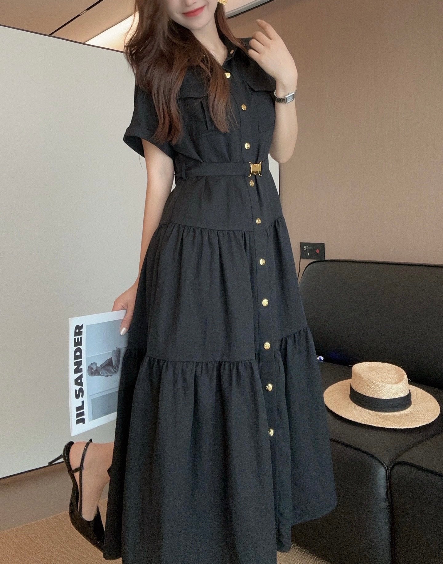 C*♥2025 new gold button lapel waisted dress