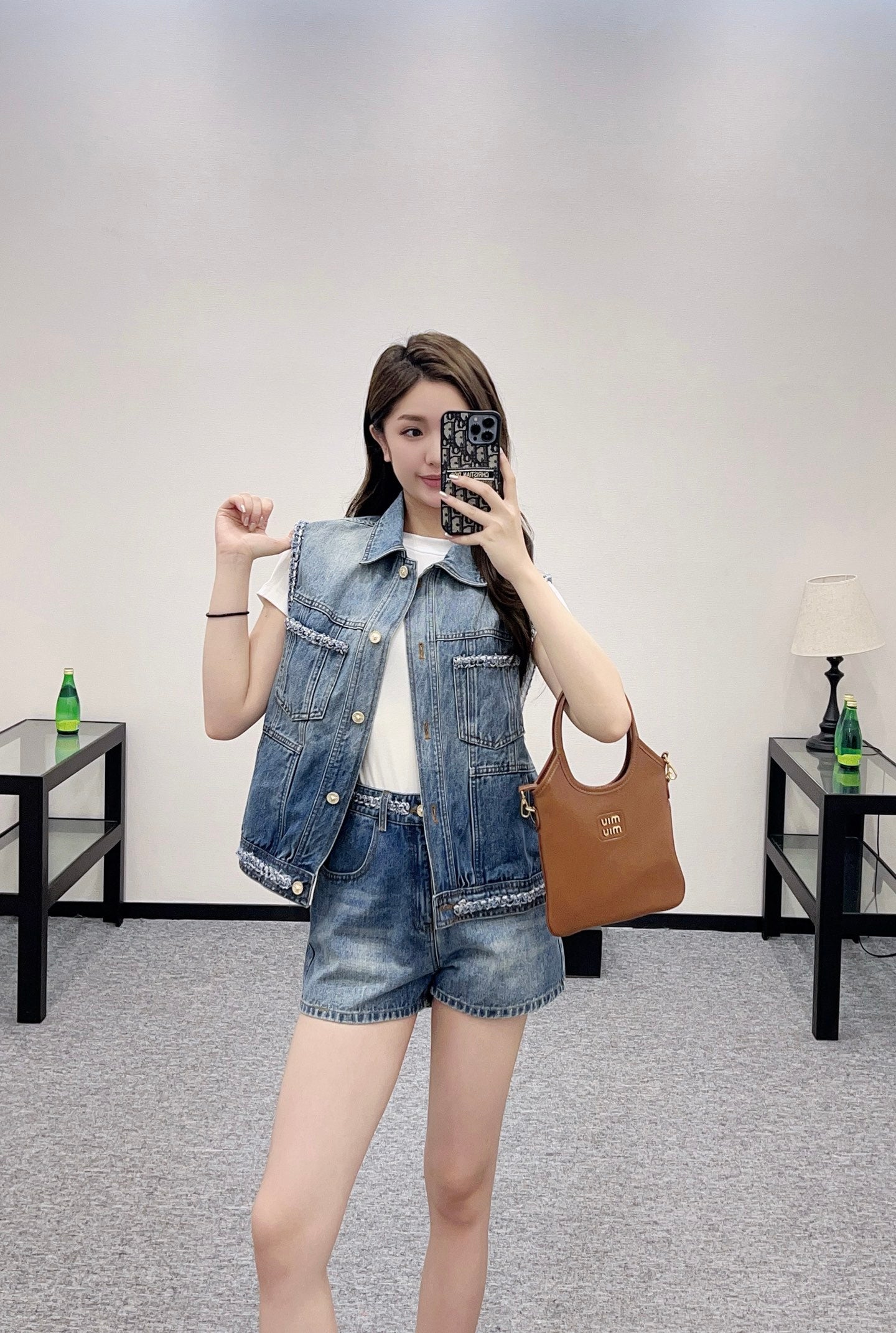 C*♥2025 new product Denim vest shorts set