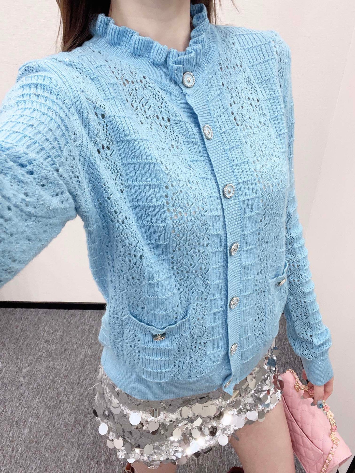 C*♥2025 new product Lace hollow knitted cardigan