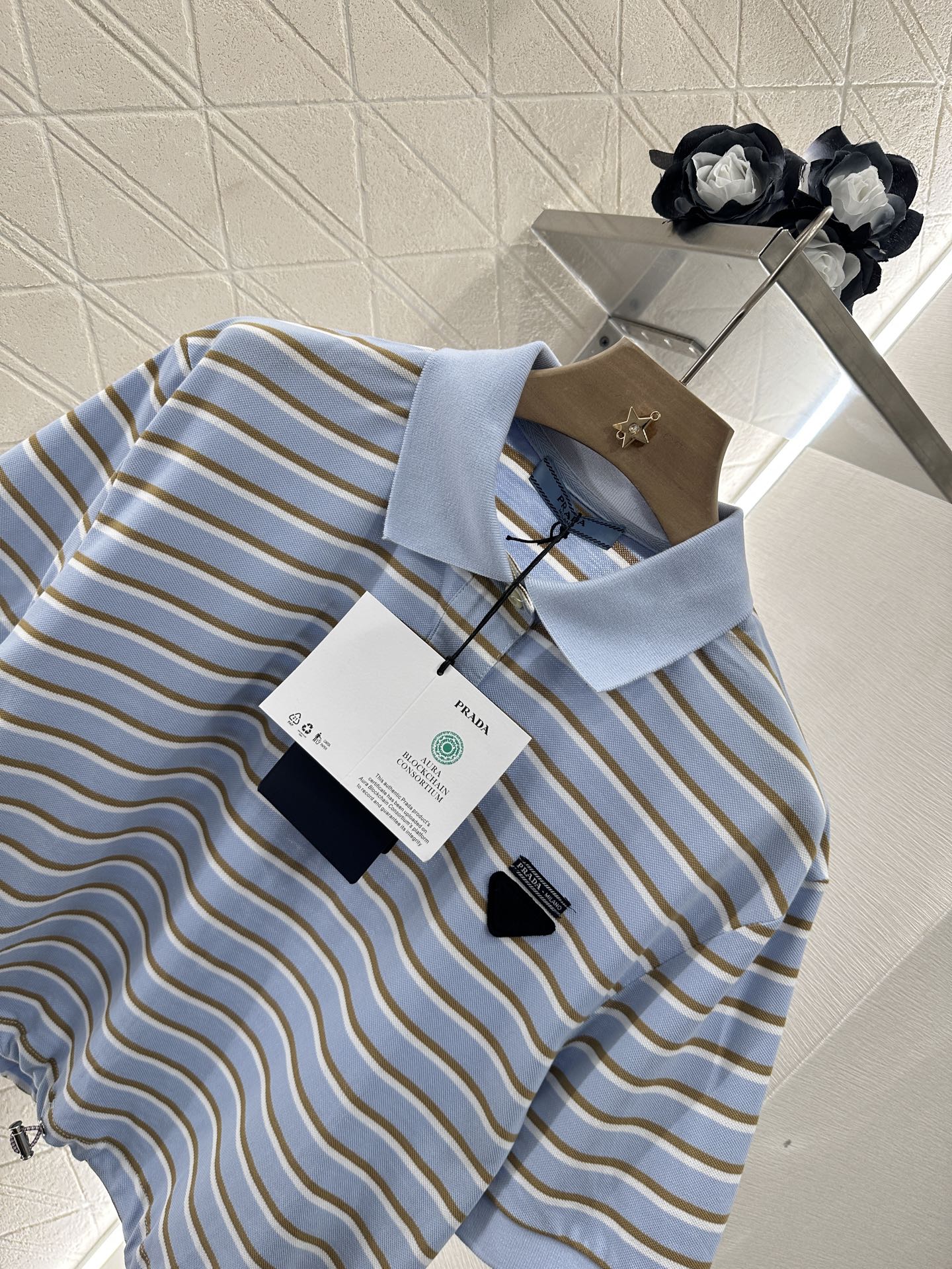 P*♥2025 new product Lapel striped short-sleeved top
