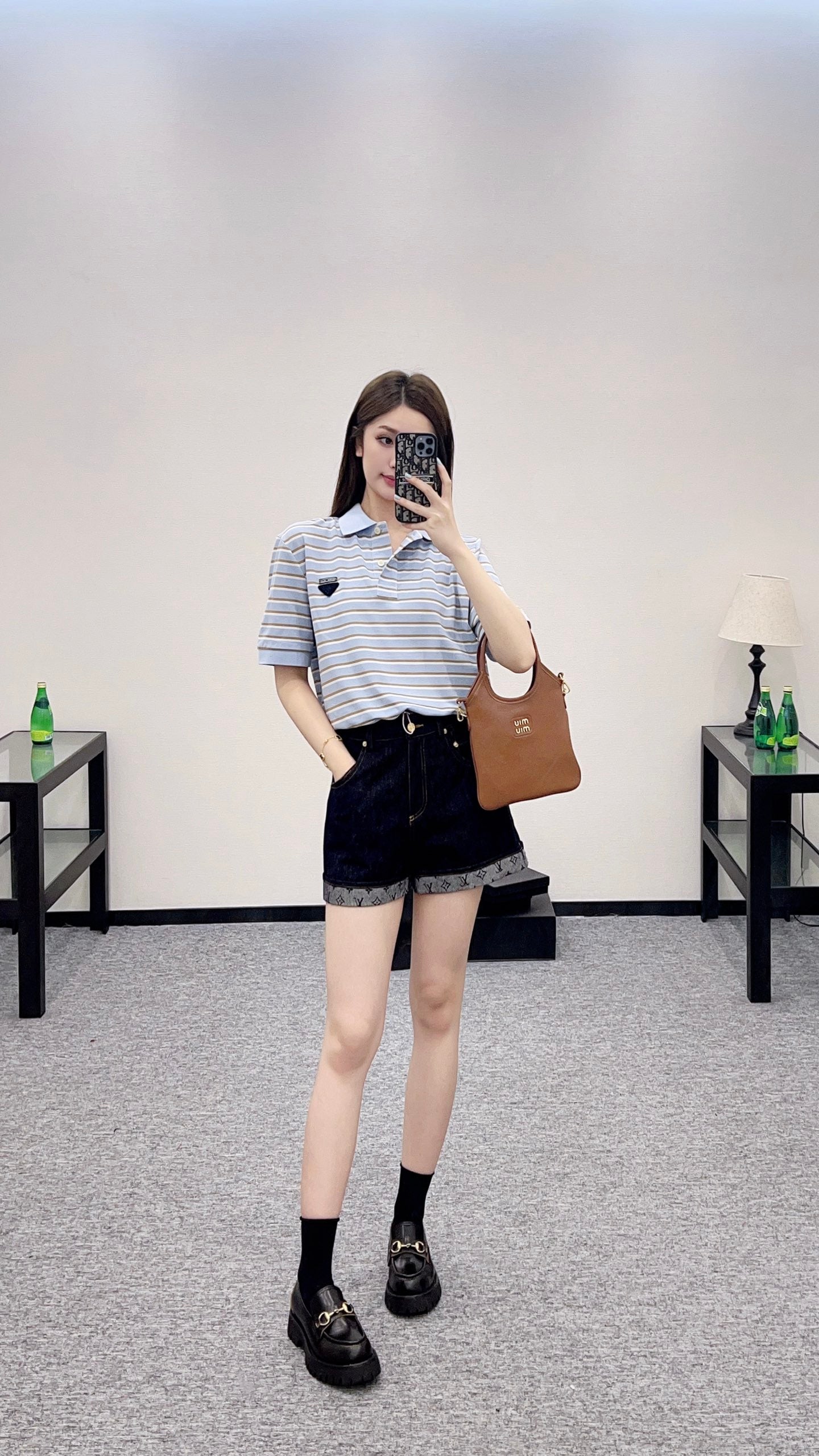 P*♥2025 new product Lapel striped short-sleeved top