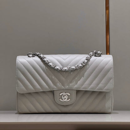 CH CLASSIC 11.12 HANDBAG 25.5 Small Grained Calfskin  V Pattern Elephant Gray