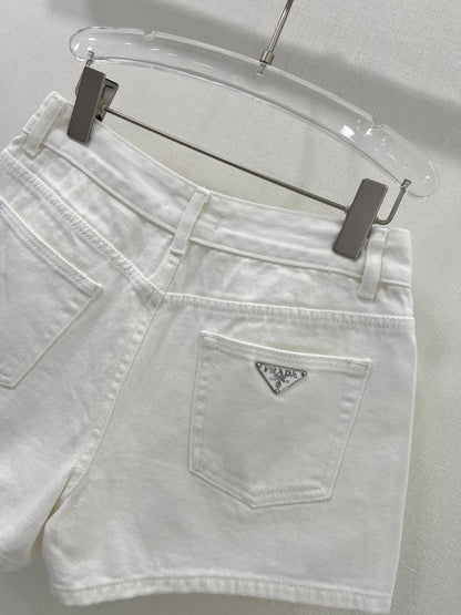 White jeans with classic triangle logo