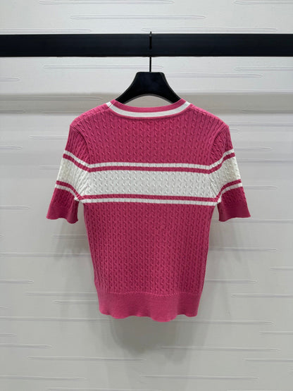 Letter jacquard striped twisted round neck knitted short sleeves