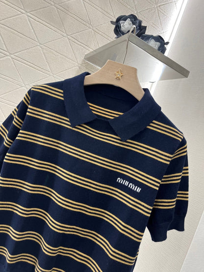 Temperament lapel striped knitted T-shirt