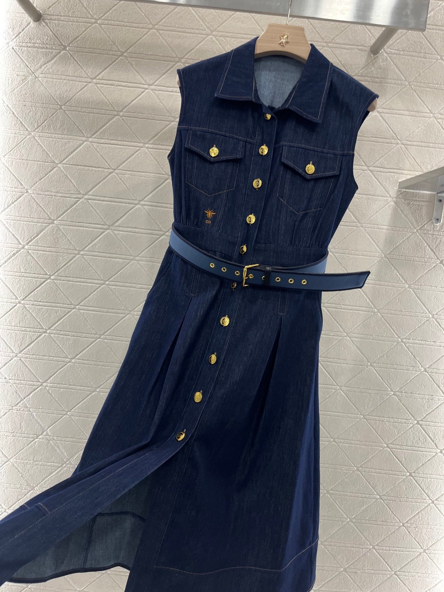 25ss new fashion denim belt lapel vest dress