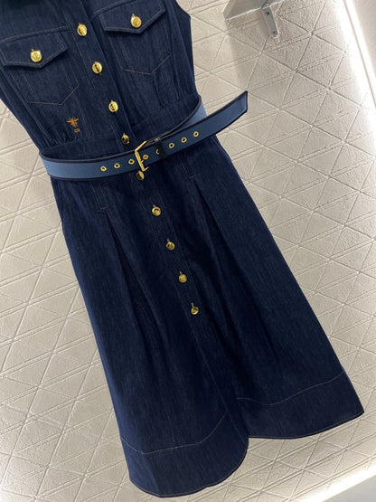 25ss new fashion denim belt lapel vest dress