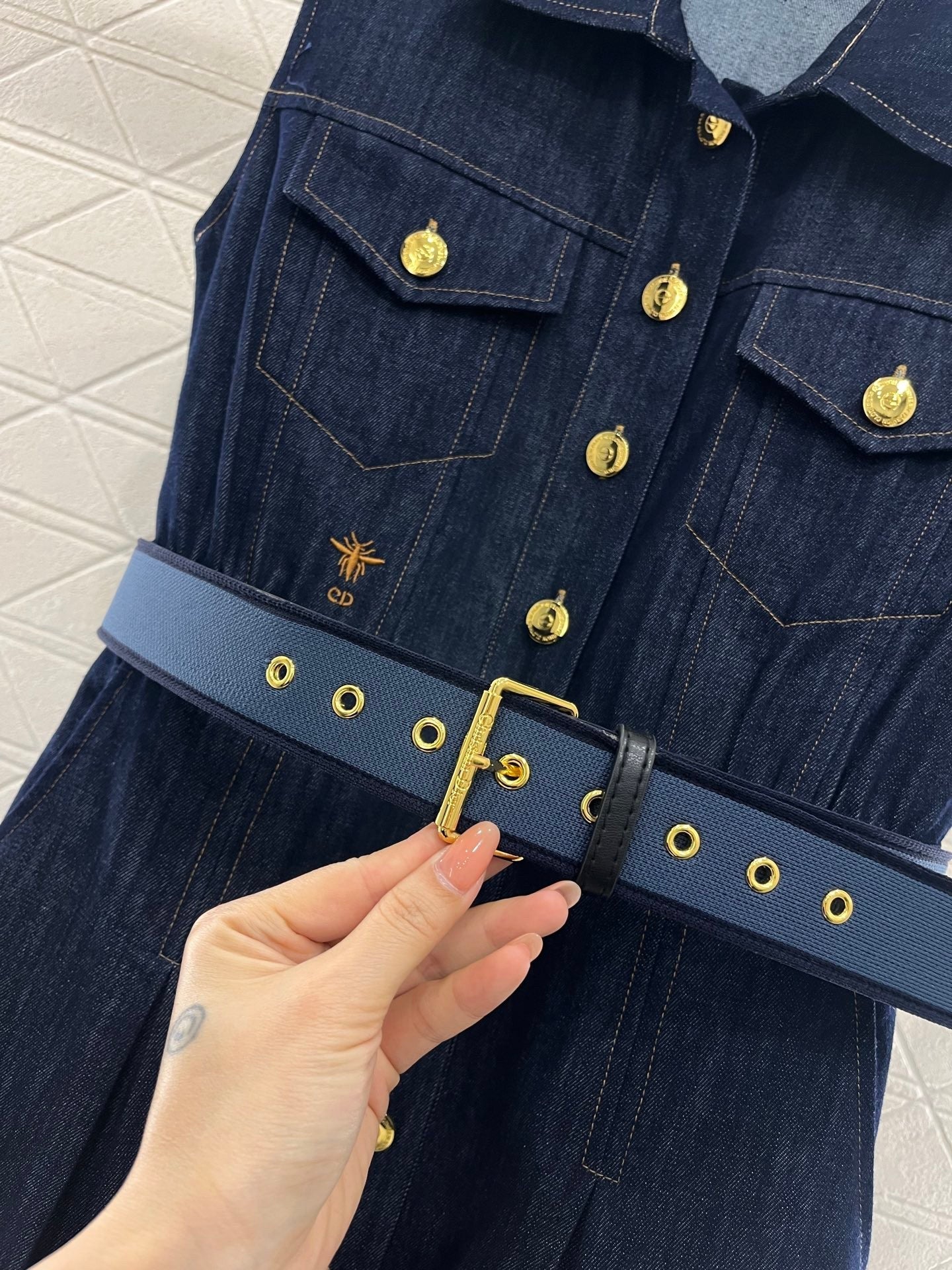 25ss new fashion denim belt lapel vest dress