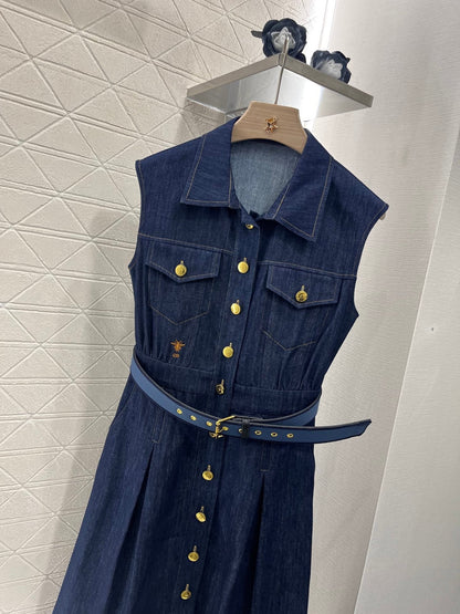 25ss new fashion denim belt lapel vest dress