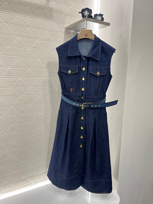 25ss new fashion denim belt lapel vest dress