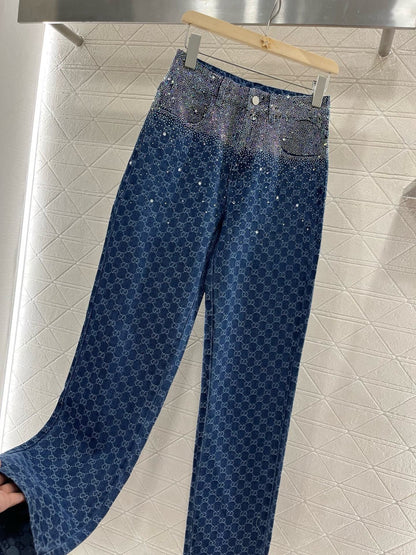 25ss new fashion rhinestone women's straight pants