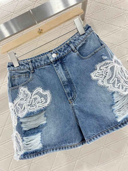 25ss new lace fashion twill cotton denim shorts