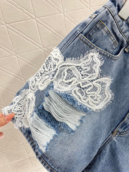 25ss new lace fashion twill cotton denim shorts