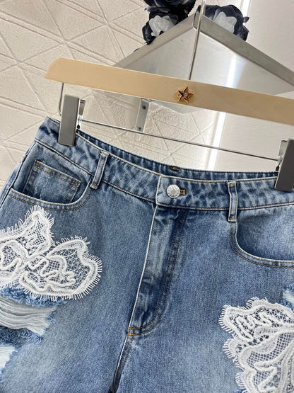 25ss new lace fashion twill cotton denim shorts