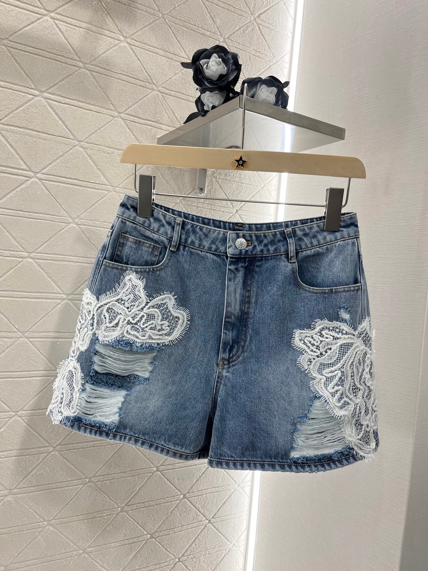 25ss new lace fashion twill cotton denim shorts