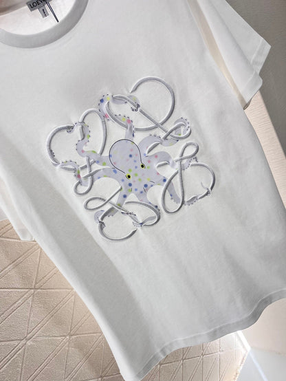 Octopus print embroidered crew neck T-shirt