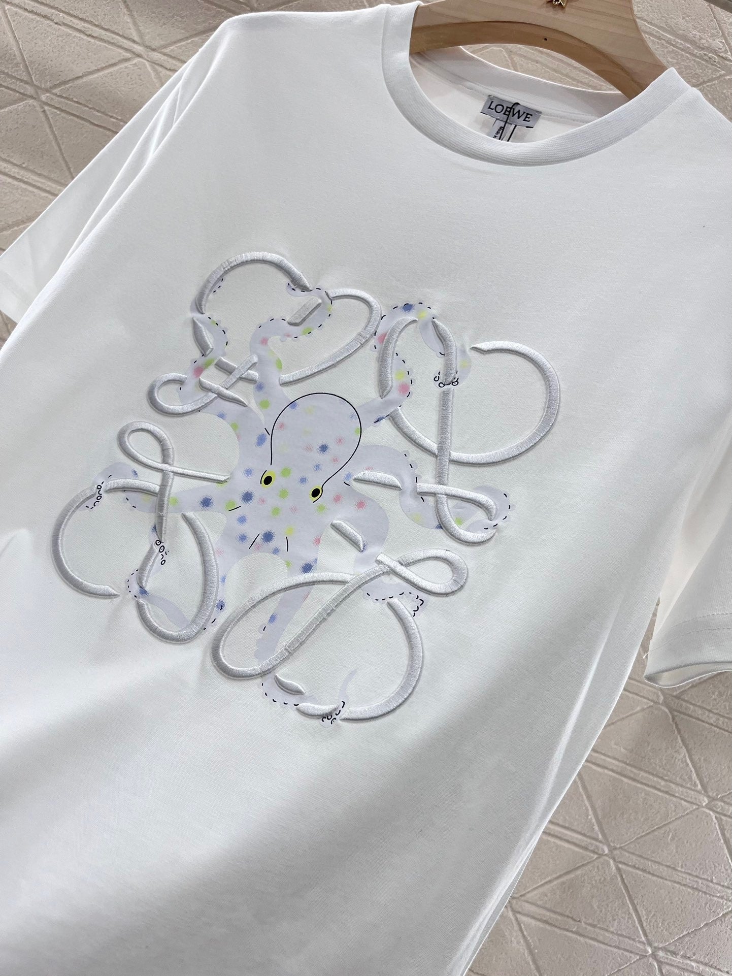 Octopus print embroidered crew neck T-shirt