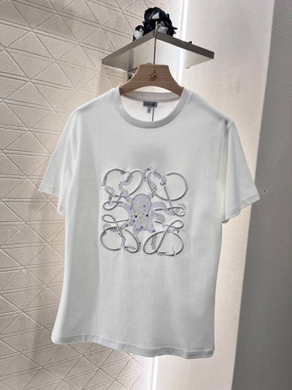 Octopus print embroidered crew neck T-shirt