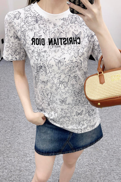 D*New Round Neck Printed T-shirt Made of Cotton