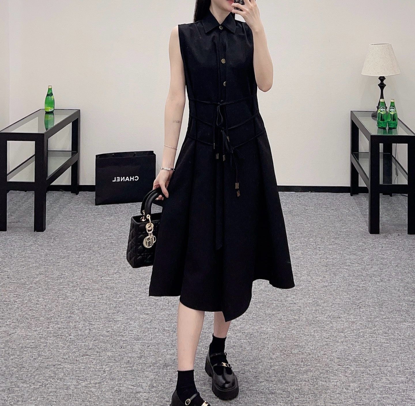 L*New Arrival 2025ss Lace-Up Dress Black