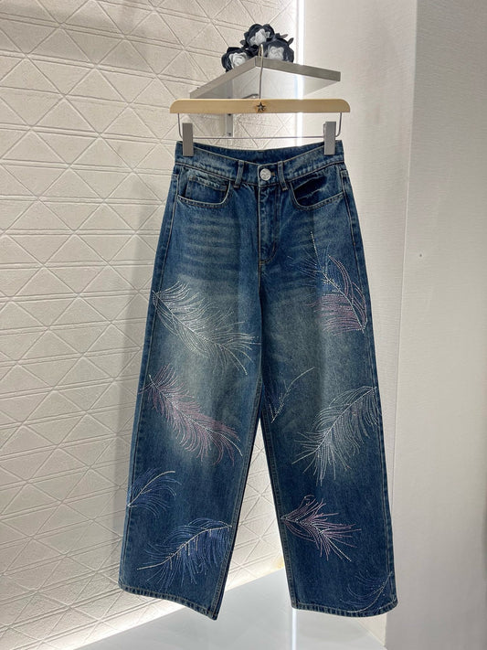 C*New Arrivals Feather Rhinestone Wide Leg Jeans