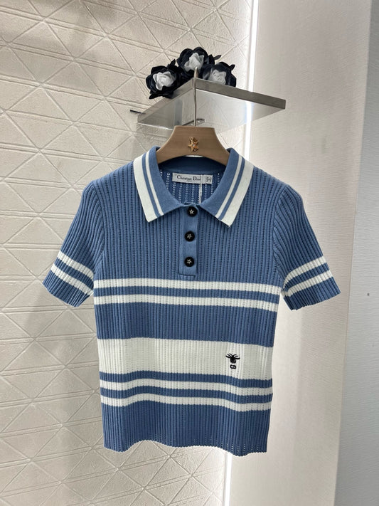 D* New Product Lapel Striped Knitted Short Sleeve