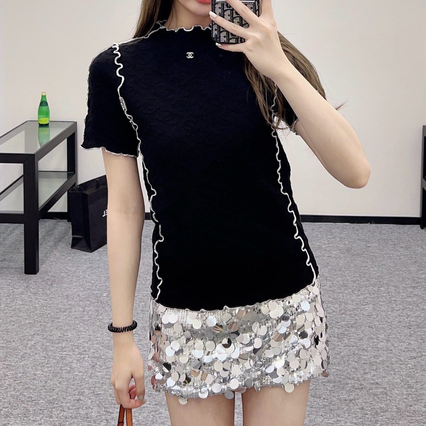 C* 2025SS New Arrival Stand Collar Lace Slim Short Sleeves