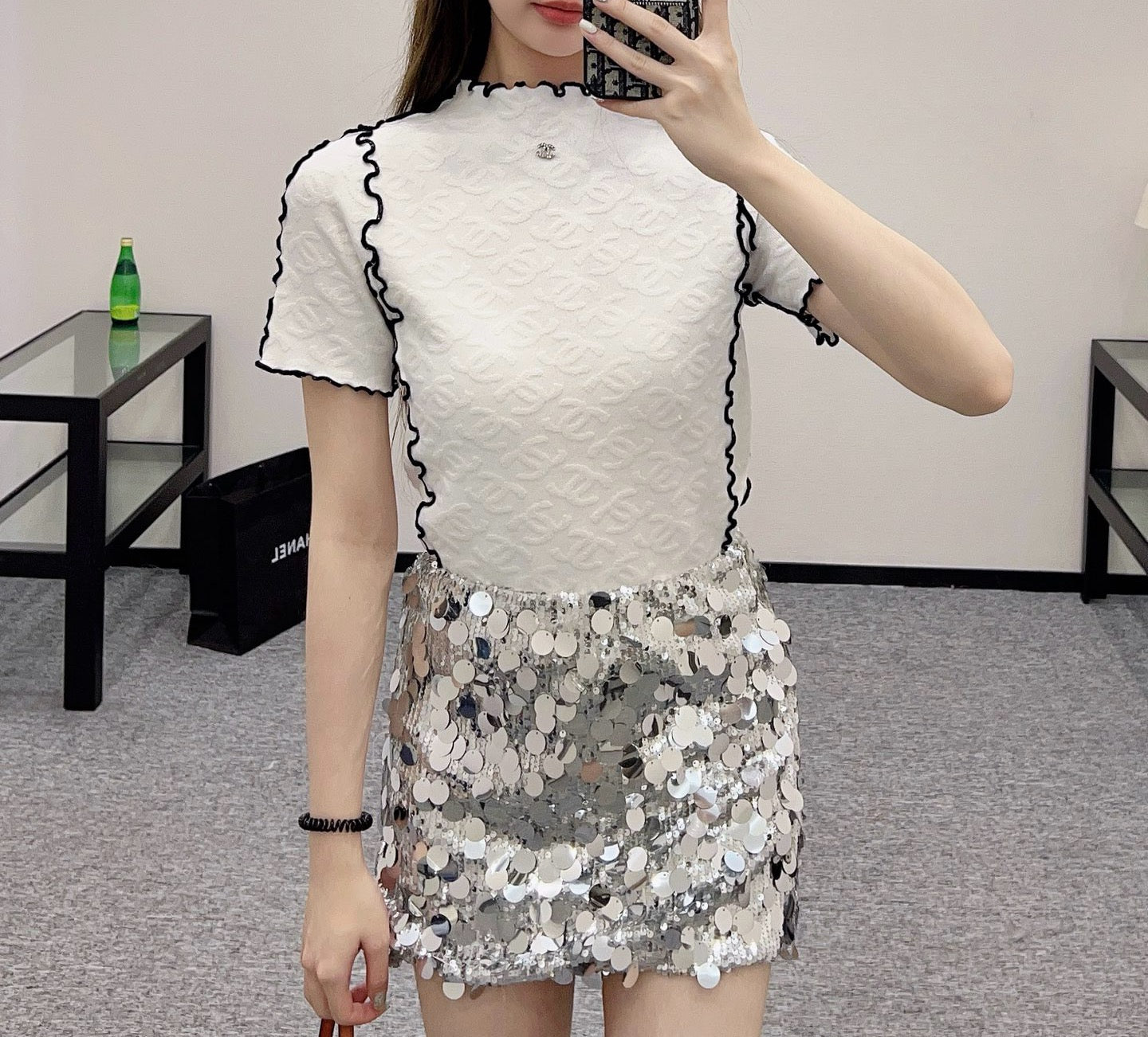 C* 2025SS New Arrival Stand Collar Lace Slim Short Sleeves