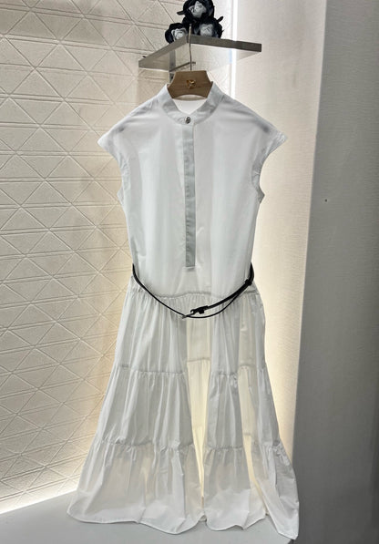 M* New Arrival Stand Collar Sleeveless Belt Dress Set