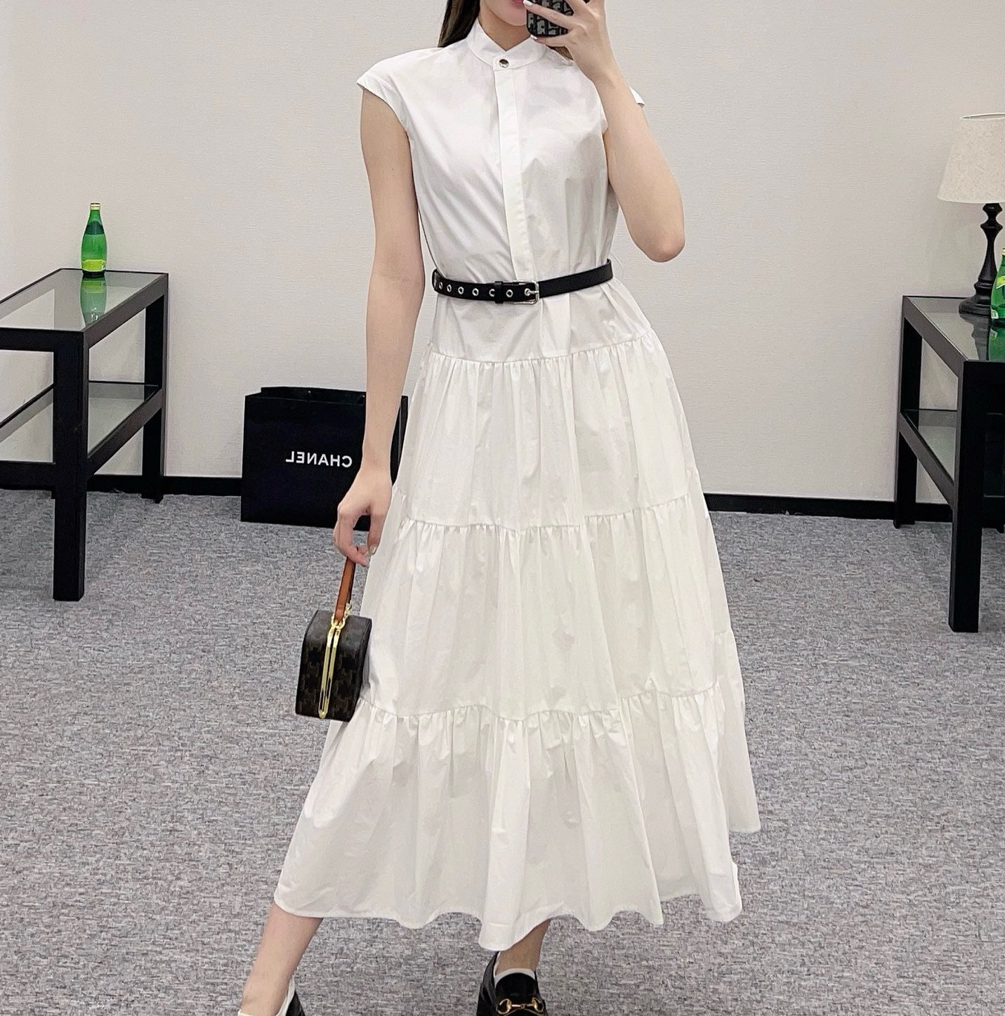 M* New Arrival Stand Collar Sleeveless Belt Dress Set