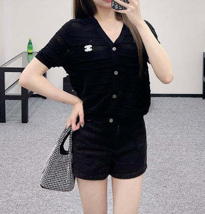 C* 2025SS New Lace V-neck Short Sleeve Sweater