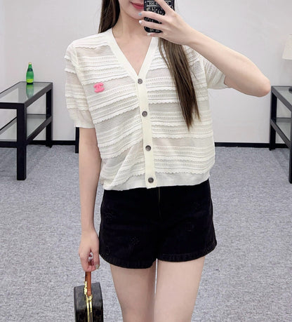 C* 2025SS New Lace V-neck Short Sleeve Sweater