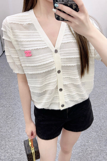 C* 2025SS New Lace V-neck Short Sleeve Sweater