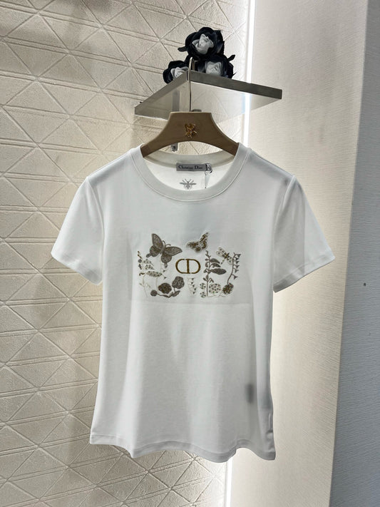 D* New Embroidered Sequin Round Neck Short Sleeves