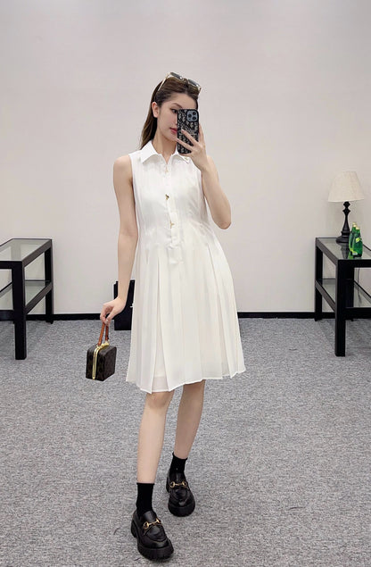 L* New arrival Lapel sleeveless white dress