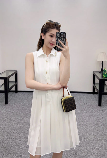 L* New arrival Lapel sleeveless white dress
