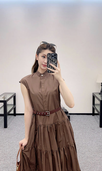 M*New Arrival Stand Collar Belt Dress