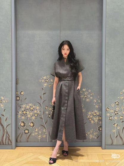 D* New arrival belted lapel dress