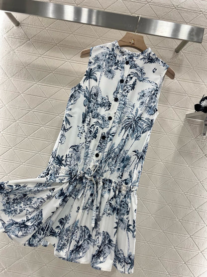 D*New Stand Collar Sleeveless Printed Dress