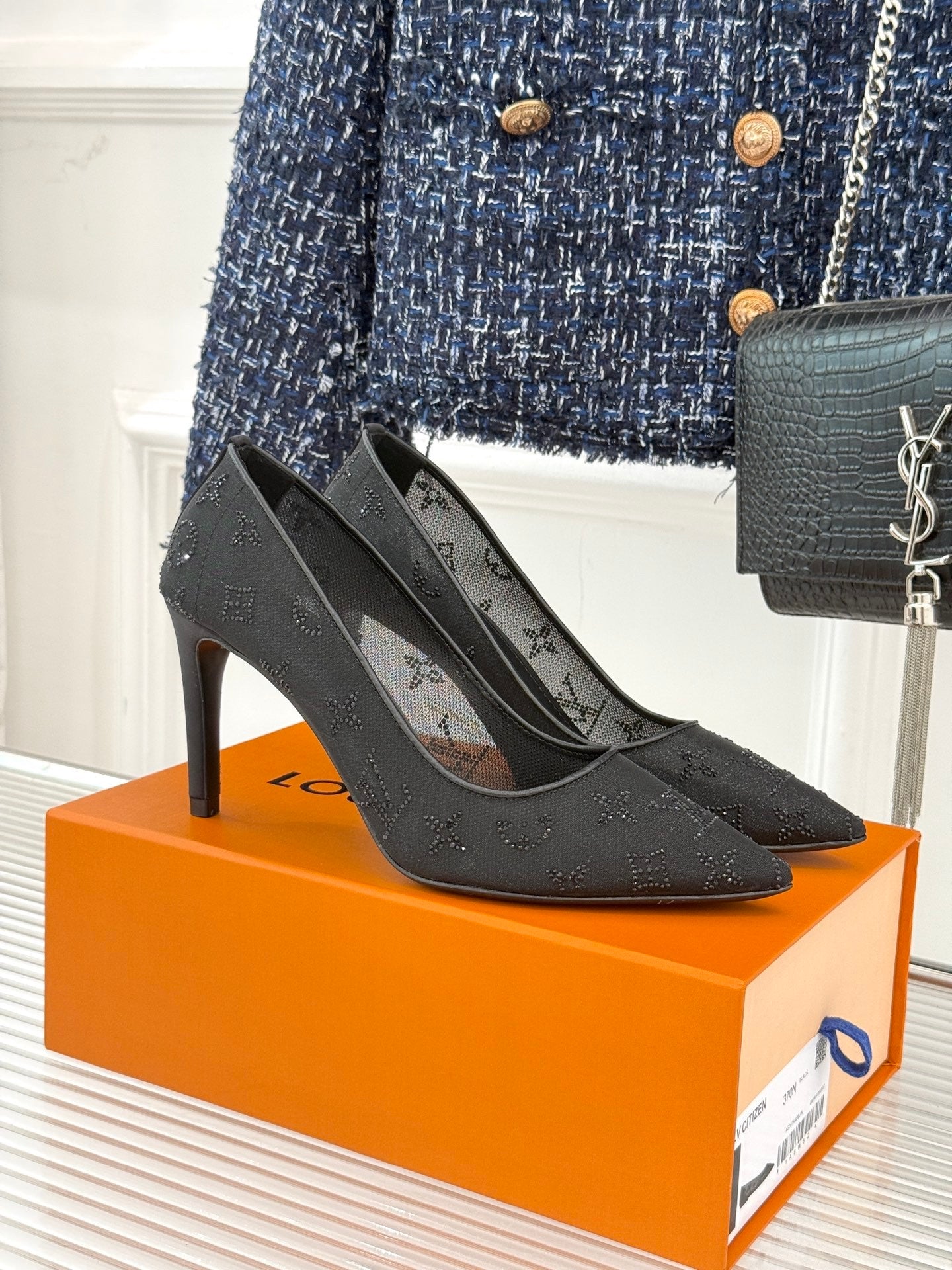 Louis New Rhinestone mesh pointed high heels