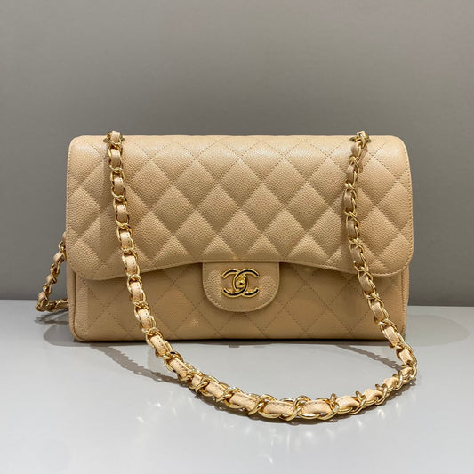 CH LARGE CLASSIC HANDBAG 30 Grained Calfskin Apricot