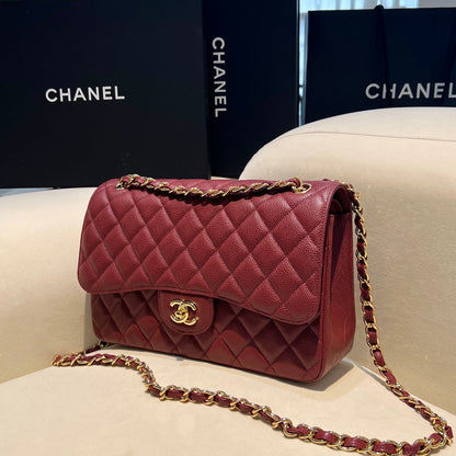 CH  LARGE CLASSIC HANDBAG 30 Grained Calfskin Red Wine Color