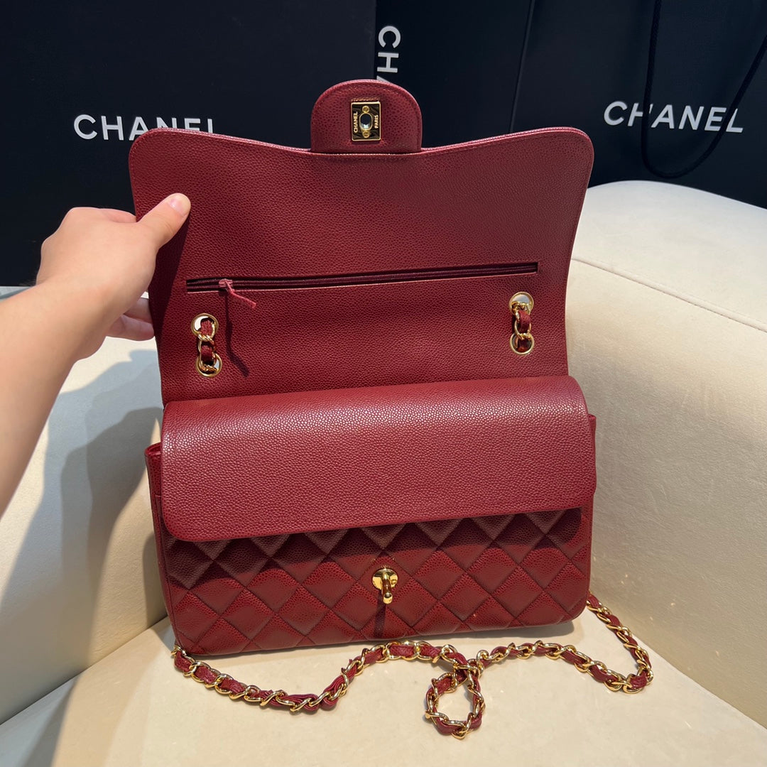 CH  LARGE CLASSIC HANDBAG 30 Grained Calfskin Red Wine Color